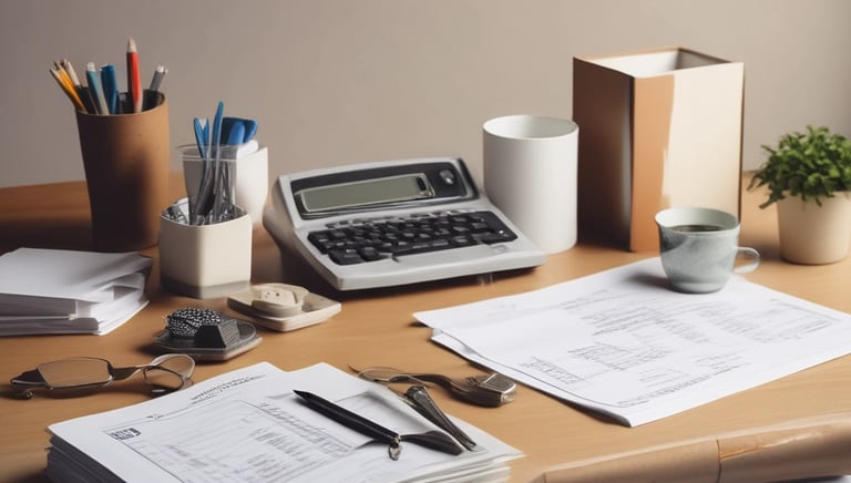 Organized paperwork and a laptop showing a mortgage application process.