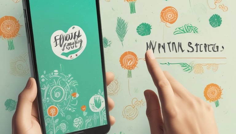 A user tapping the upload button on a smartphone screen in a bright, cozy setting.