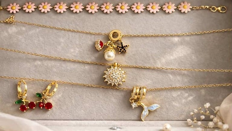 Collares con accesorios en forma de cereza, con perla, estrellas y cola de sirena.