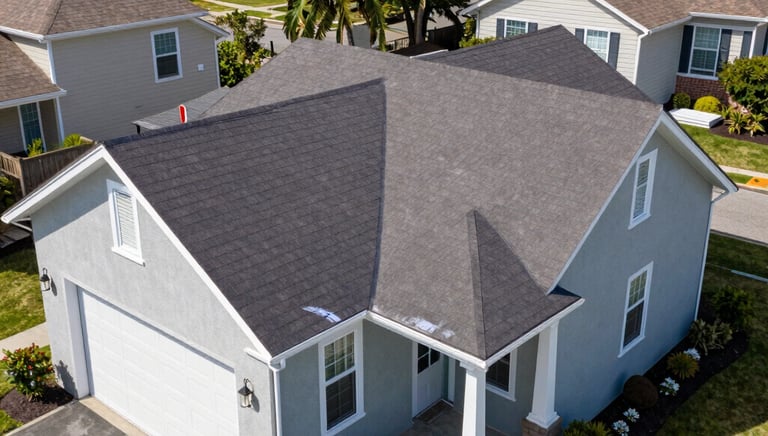 A cozy house with a freshly installed shingle roof under a bright blue sky.