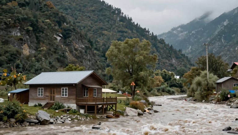 A wooden cabin flooded by a rushing mountain river during a storm.