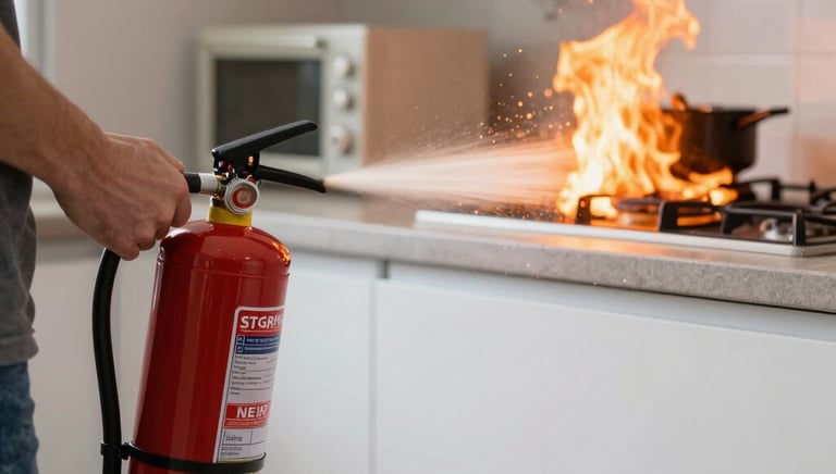 Person using a fire extinguisher to put out a small fire inside a house