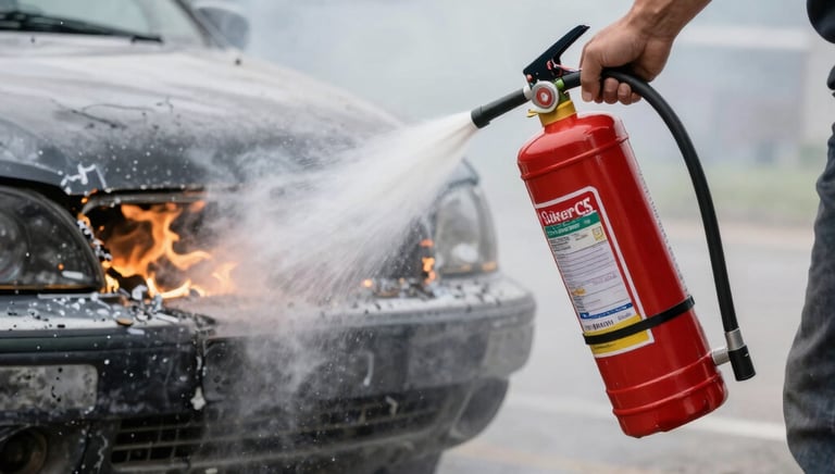 Fire extinguisher being used to extinguish a burning vehicle