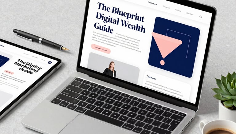 A laptop and tablet displaying a digital wealth marketing guide on a desk with coffee and a pen.