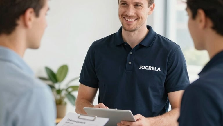 A friendly customer service representative assisting a customer with warranty registration on a laptop.