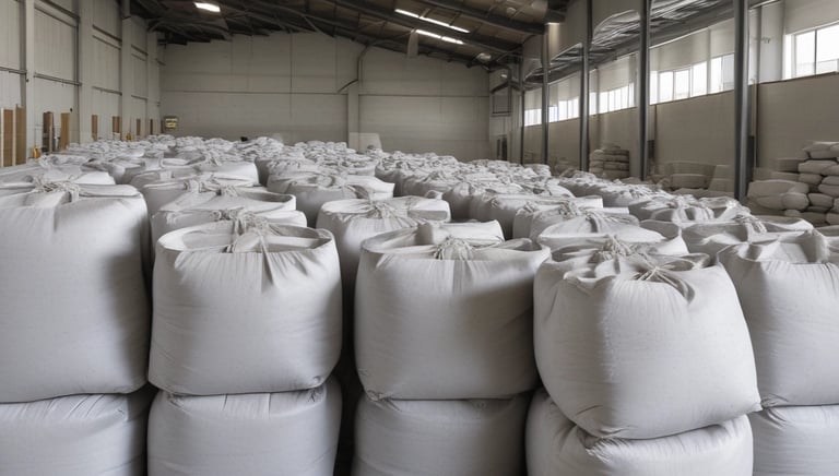 Warehouse shelves stocked with bulk construction materials like cement bags and gravel.