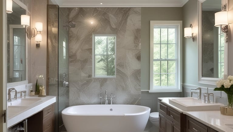 A renovated bathroom showcasing a sleek vanity, glass shower enclosure, and elegant lighting.