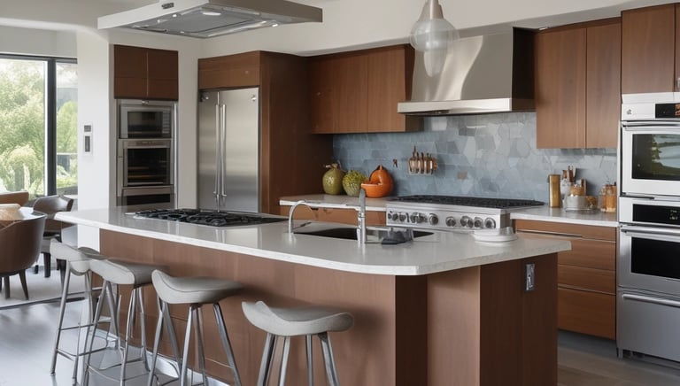 A bright, modern kitchen featuring new cabinetry, countertops, and stainless steel appliances.