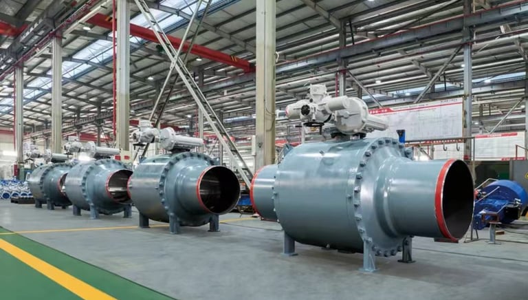Large industrial ball valves with actuators lined up in a manufacturing factory warehouse.
