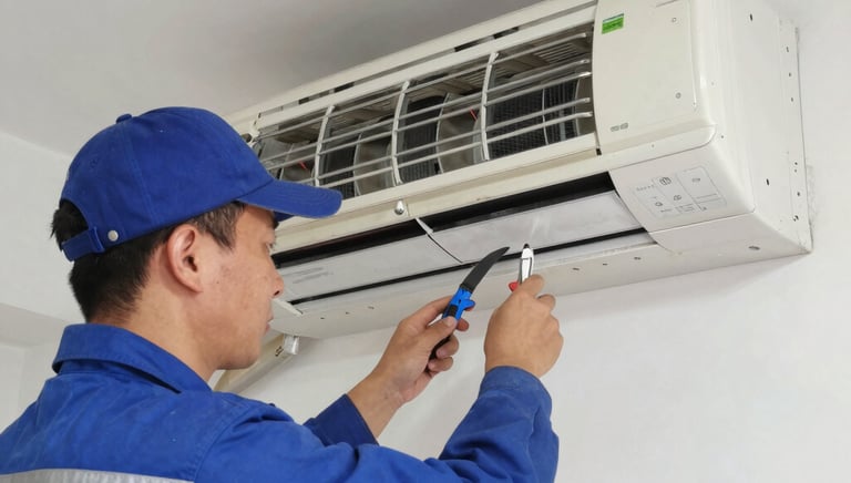 Close-up of a technician fixing an air conditioning system outdoors on a sunny day.