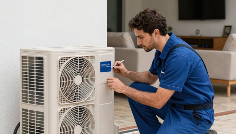 Technician inspecting an air conditioning unit with diagnostic tools in a modern home.