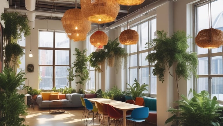 A modern office interior styled with elegant furniture and branded decorative elements.