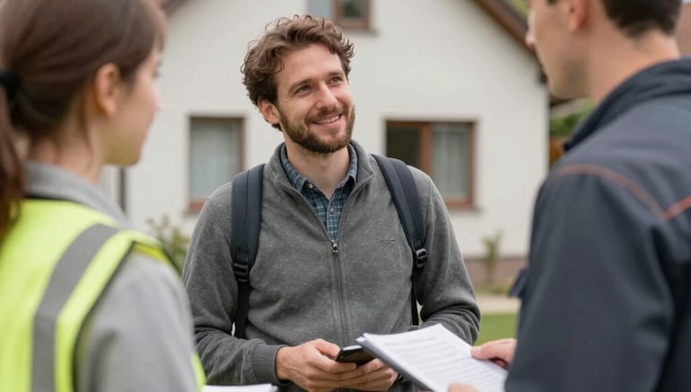 A cozy German home featuring a visible heat pump unit outside, surrounded by a neat garden.