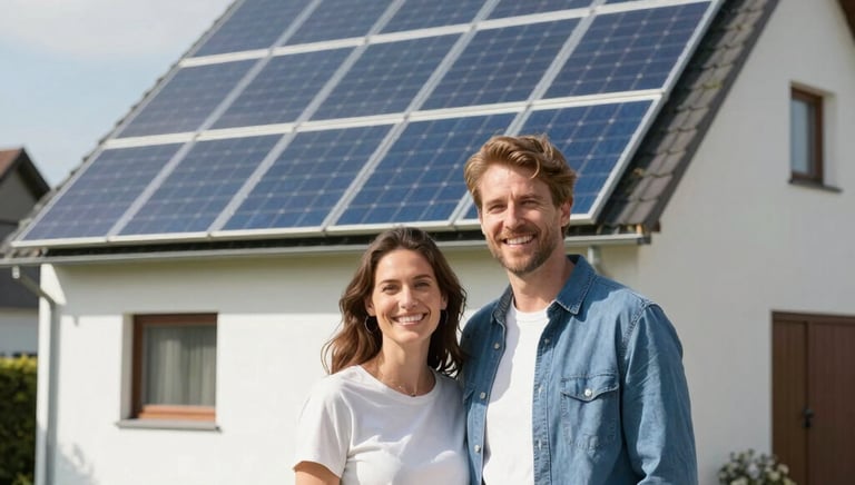 A modern German single-family house with a sleek solar panel installation on the roof under a clear blue sky.