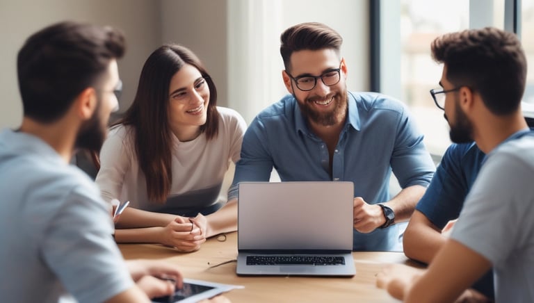 A cheerful tutor engaging in a lively spoken English online class.