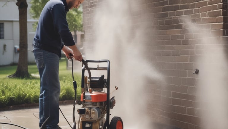 A technician using hot water pressure washing on a commercial building exterior.