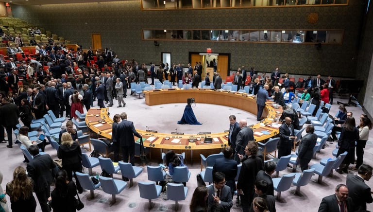 Visão geral da famosa mesa em formato de ferradura do Conselho de Segurança da ONU (CSNU), com diplo