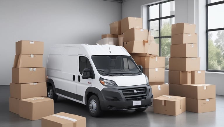 A Benny-box van transporting neatly packed boxes between counties on a sunny day.