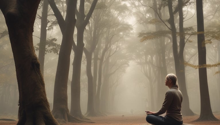 A serene young adult meditating peacefully in a bright, minimalist room