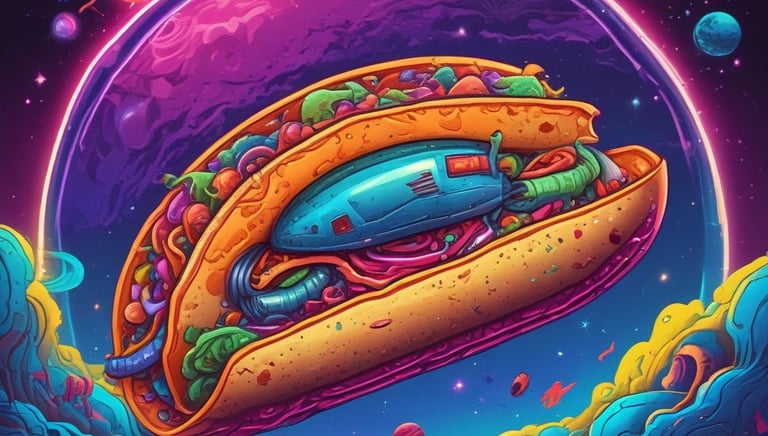 Brightly colored gameplay moment showing Taquito devouring a taco amid dazzling effects.