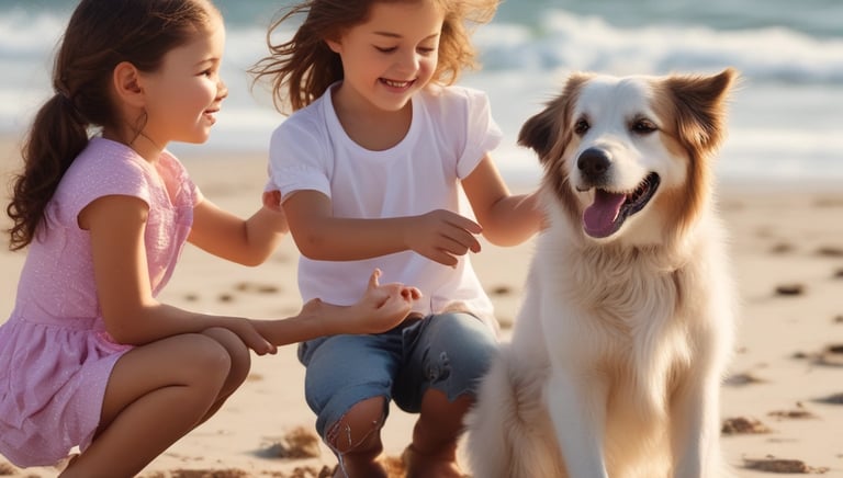 Sophisticated concierge playing with a well-groomed dog and smiling child in a sunlit luxury home.