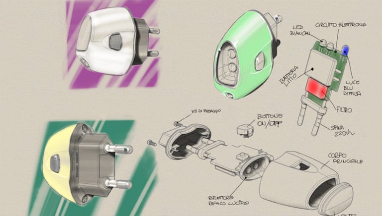 Industrial design sketches and exploded view diagrams of a colorful plug-in LED night light.