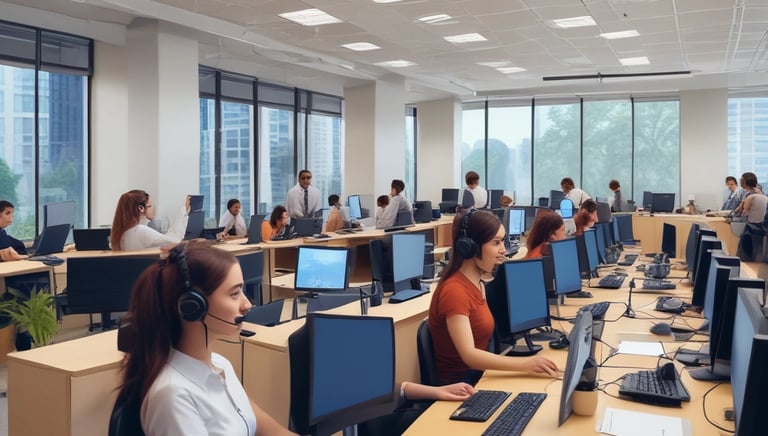 A friendly travel agent speaking on the phone with a customer, surrounded by maps and travel guides.