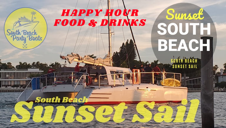 South Beach sunset sail on a luxury party boat catamaran with happy hour food and drinks in Miami.