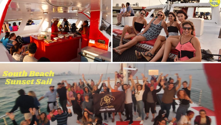 A group of happy people enjoying a South Beach sunset Cruise on a luxury party boat in Miami.