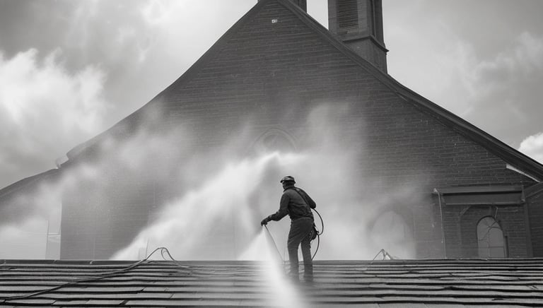 A driveway and deck gleaming after a thorough power wash, with clean gutters visible.