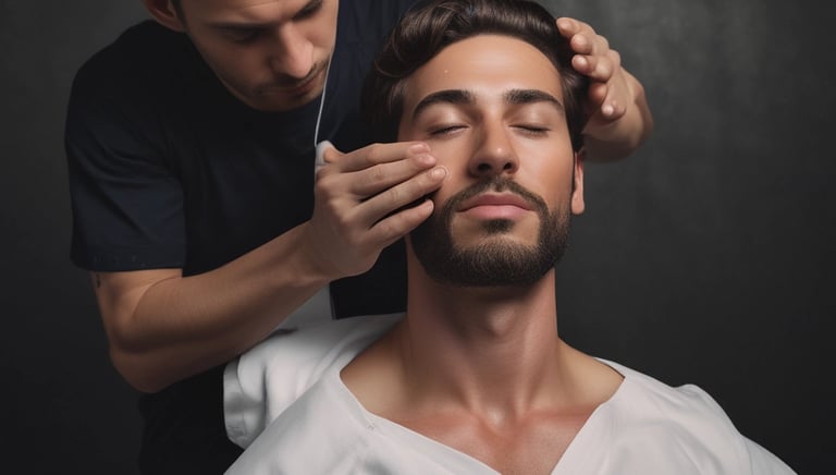 A skilled barber carefully shaping a client's haircut with scissors in a stylish salon setting.