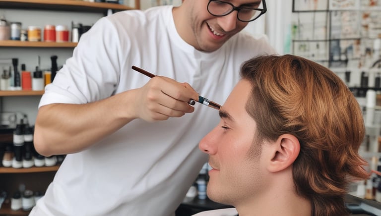 A skilled barber carefully shaping a client's haircut with scissors in a stylish salon setting.