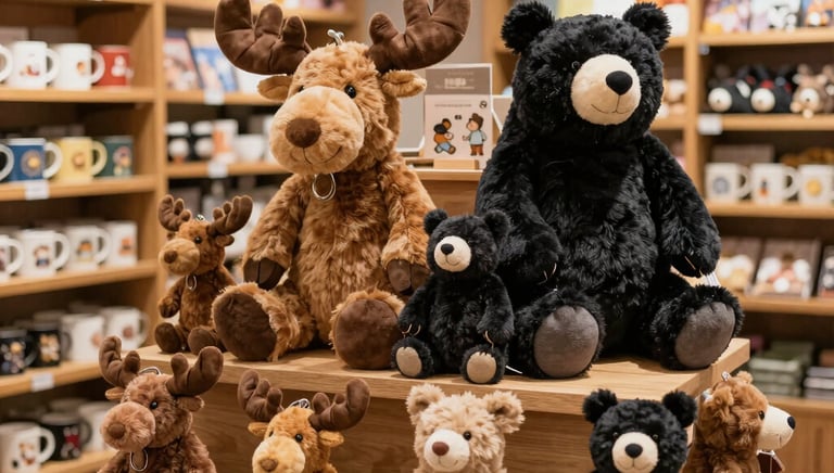 A display of plush stuffed moose and black bear toys on a wooden shelf in a gift shop.