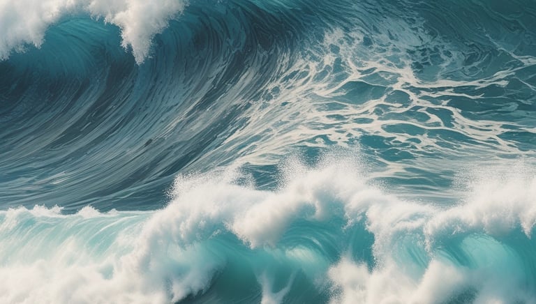 A sleek ocean wave energy converter floating on choppy sea waters under a bright sky.