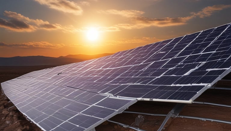 Close-up of solar panels angled toward the sun with a clear blue sky background.