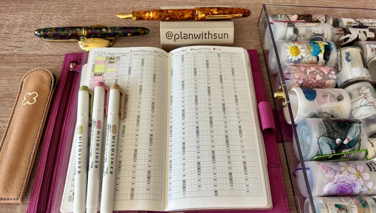 An open 2024 planner with Mildliner pens, fountain pens, and organized washi tape on a desk.