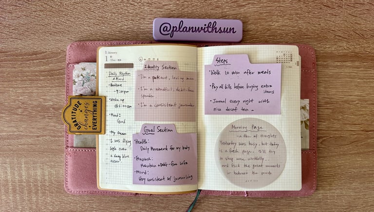 Open daily planner with handwritten notes, habit trackers, and purple sticky notes for goal setting.
