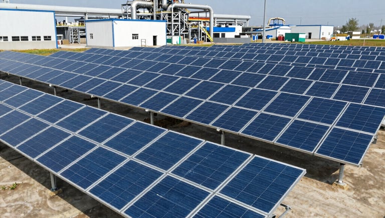 Rooftop solar panels gleaming under a bright blue sky.