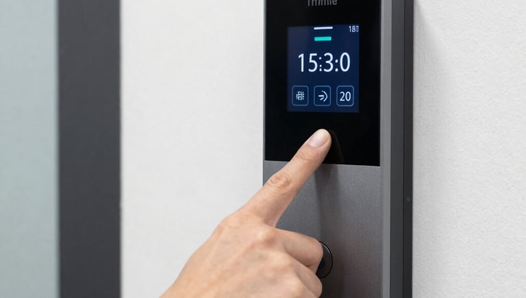 Modern access control panel installed on a sleek office door.