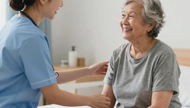 Nurse attentively assisting an elderly resident in a cozy room.