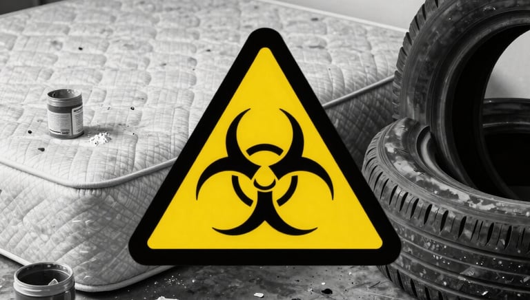 A colorful pile of everyday items including clothes, toys, yard waste, and construction scraps.