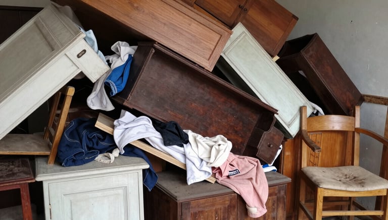 Stacked tires, a mattress leaning against a wall, and containers of chemicals with warning labels.