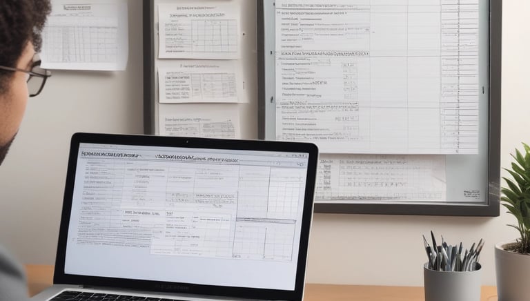 Professional African American woman reviewing financial spreadsheets at a modern desk with dual monitors.