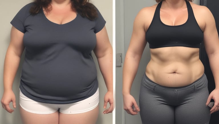 Before and after photos of a confident woman showing her transformation journey.