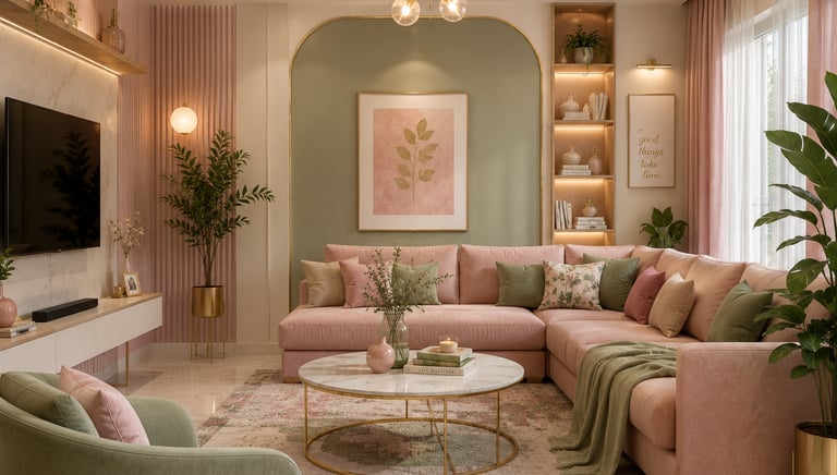 Modern living room interior with a blush pink sectional sofa, sage green accents, and gold decor.