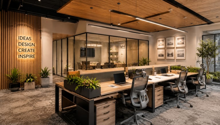 Modern open plan office interior with wood desks, ergonomic chairs, and a glass-walled conference room.
