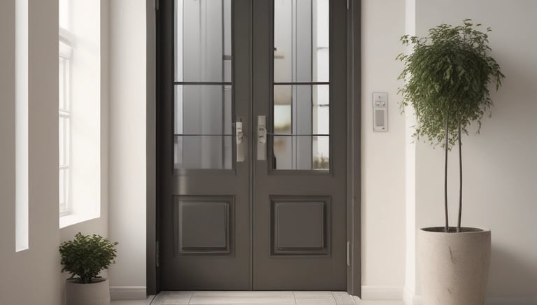 A concierge warmly greeting guests at the entrance of a stylish rental apartment.