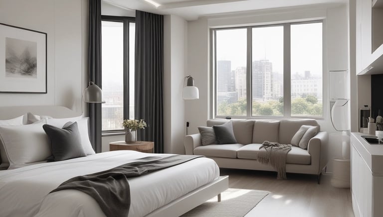 A professional cleaner carefully preparing a rental property with fresh linens.