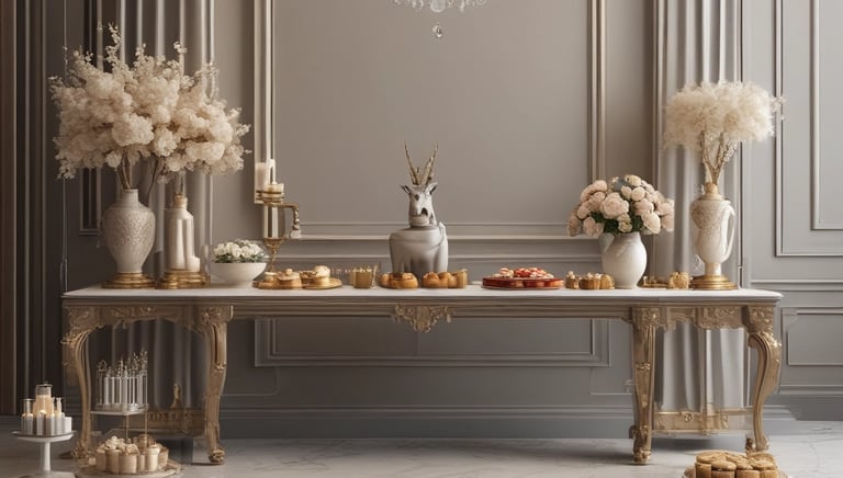 Professional catering staff serving guests at a luxurious event with golden decor.