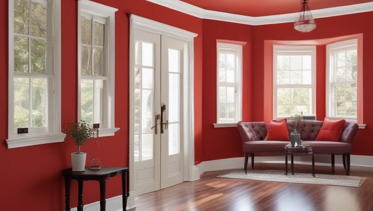 Painter in navy uniform carefully rolling paint on a bright living room wall.